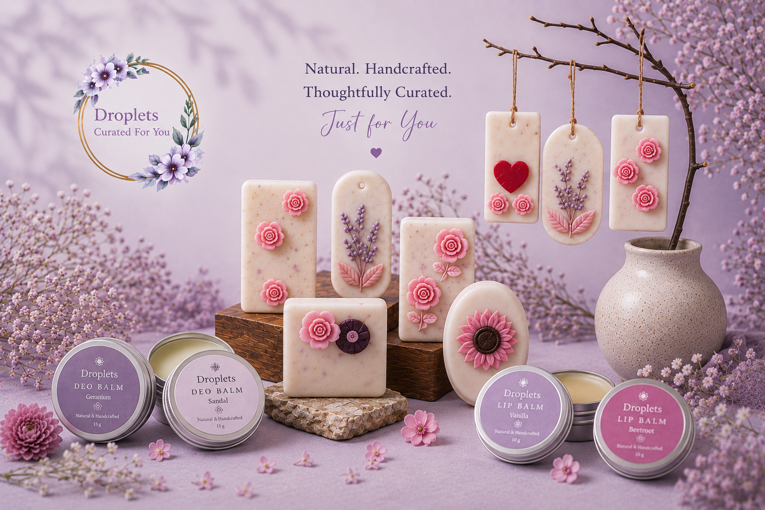 Droplets handmade soaps, lip balms, deodorant balms, and wax sachets in a floral lilac setting